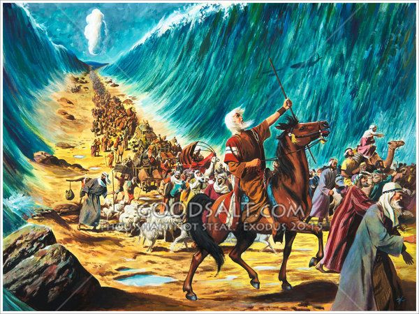 Moses leading Israelites through Red Sea artwork