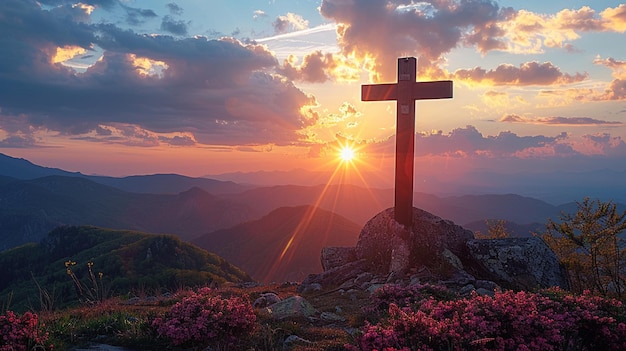 Serene landscape with a cross in the distance