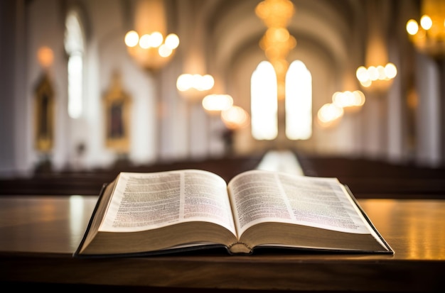 Church altar with open Bible