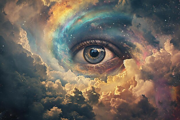 Conceptual illustration of God's eye overseeing branching possibilities of the future