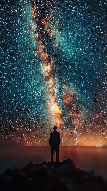 Human silhouette standing on a hill with a cosmic backdrop